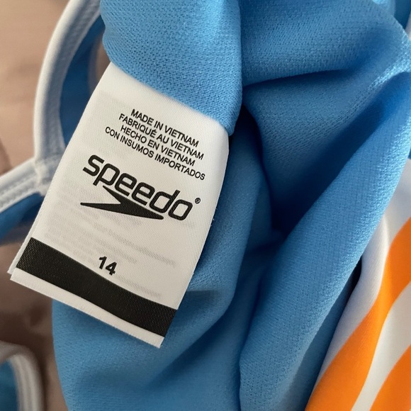 Speedo Girls Blue and Orange Stripe Blocked One Piece Swimsuit Sz 14 NWT - Picture 8 of 8